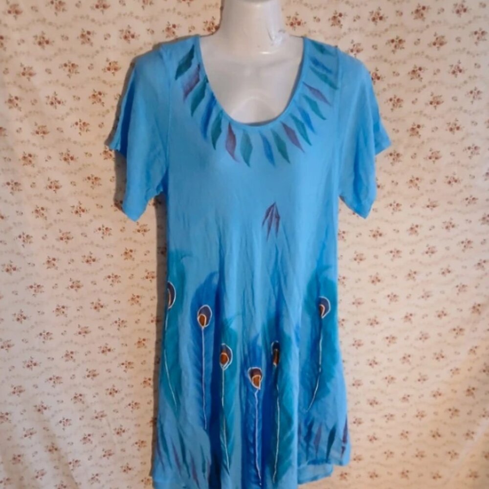 Shoreline turquoise peacock feather print midi dress medium / large